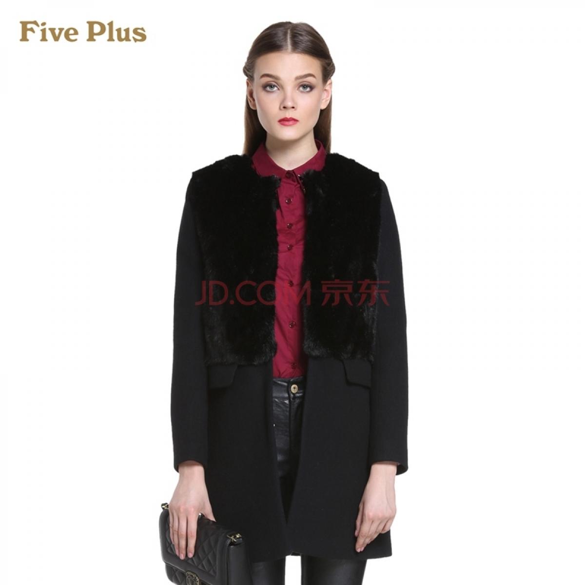 Five Plus新女冬装拼接皮草宽松中长厚毛呢外套2144345640 黑色090 XS