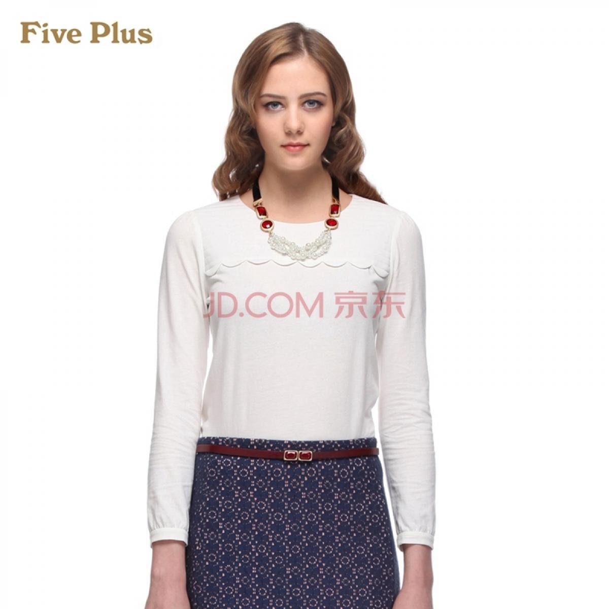 Five Plus新女秋装时尚百搭花边拼接圆领长袖T恤打底2133024780 米白010 XL