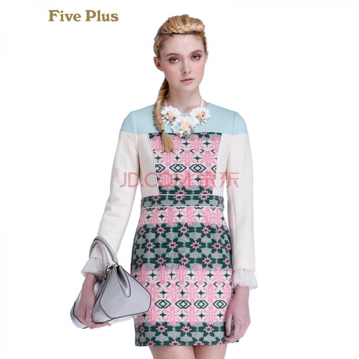 Five Plus新女秋装印花拼接毛呢圆领高腰长袖连衣裙2133082920 墨绿501 XS