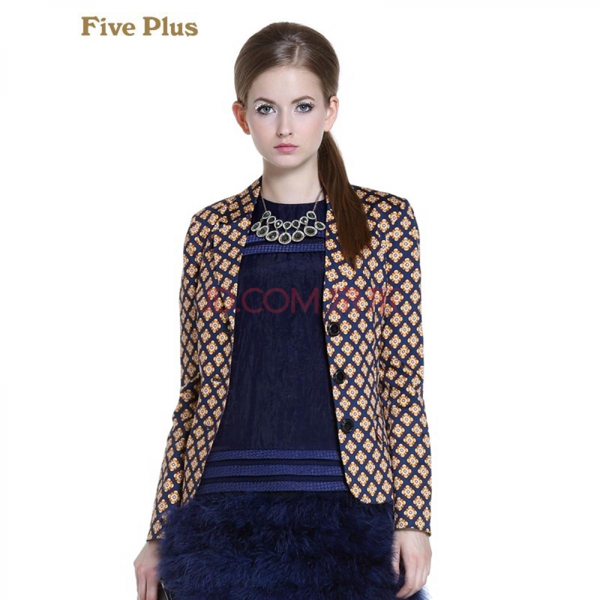 Five Plus新女秋装棉质印花翻领长袖小西装开襟外套2133042990 深蓝650 XL