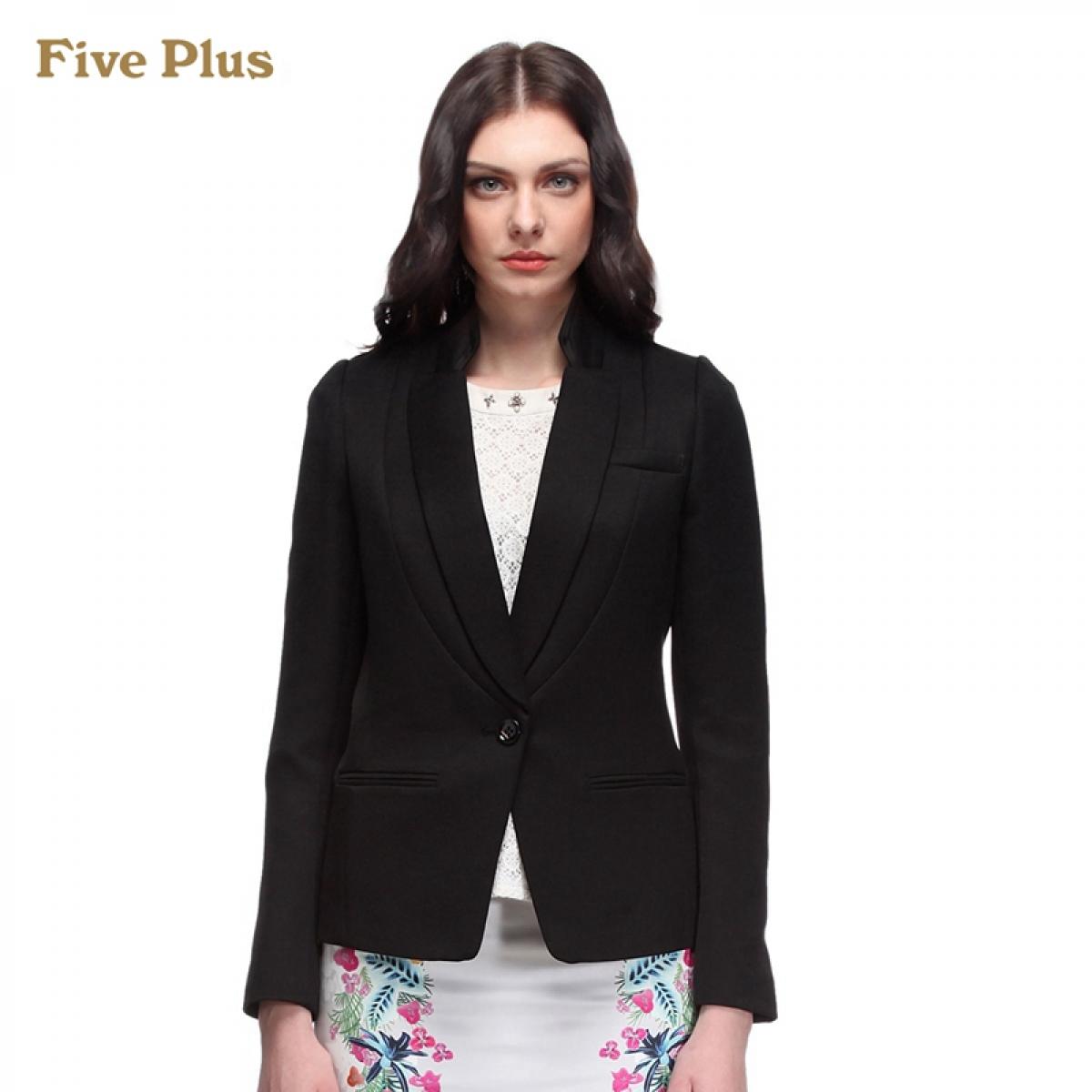 Five Plus新女秋装欧美简约纯色翻领长袖外套小西2133044870 黑色090 L