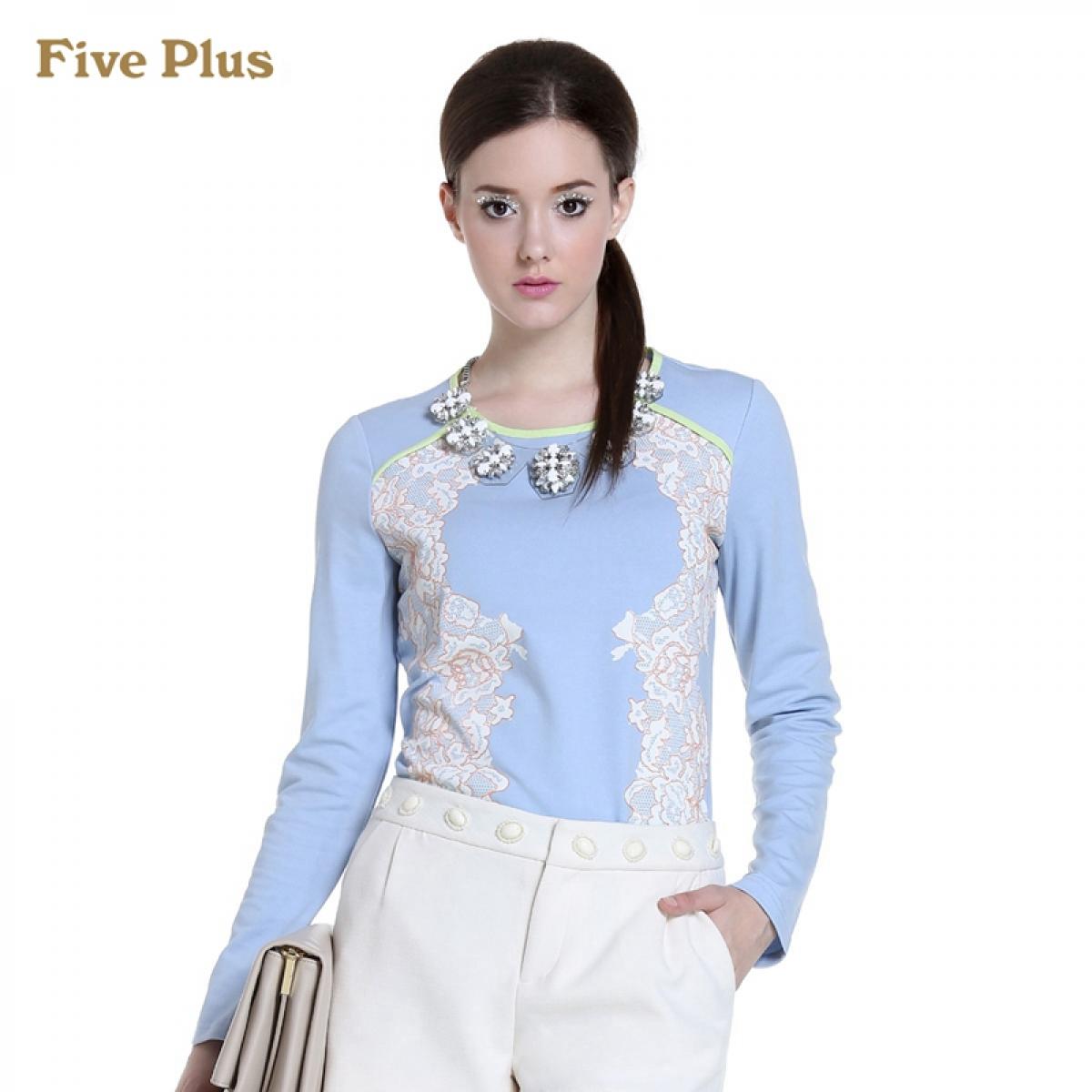 Five Plus新女冬装欧美时尚印花图案圆领长袖T恤打底衫2134021590 紫蓝730 XL