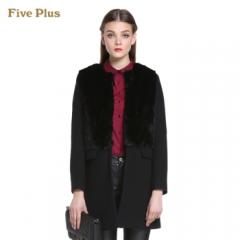 Five Plus新女冬装拼接皮草宽松中长厚毛呢外套2144345640 黑色090 XS