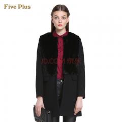 Five Plus新女冬装拼接皮草宽松中长厚毛呢外套2144345640 黑色090 XS