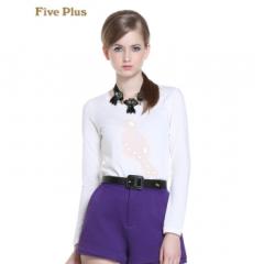 Five Plus新女秋装纯棉钉珠刺绣图案圆领长袖T恤打底衫2133024630 米白010 XL
