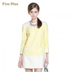 Five Plus新女冬装蕾丝拼接长袖羊毛呢A字连衣裙短裙2134082240 黄色410 M
