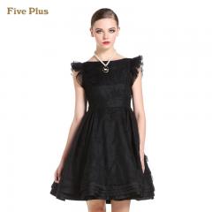 Five Plus新女春装刺绣荷叶边修身连衣裙小礼服2144086100 黑色090 M